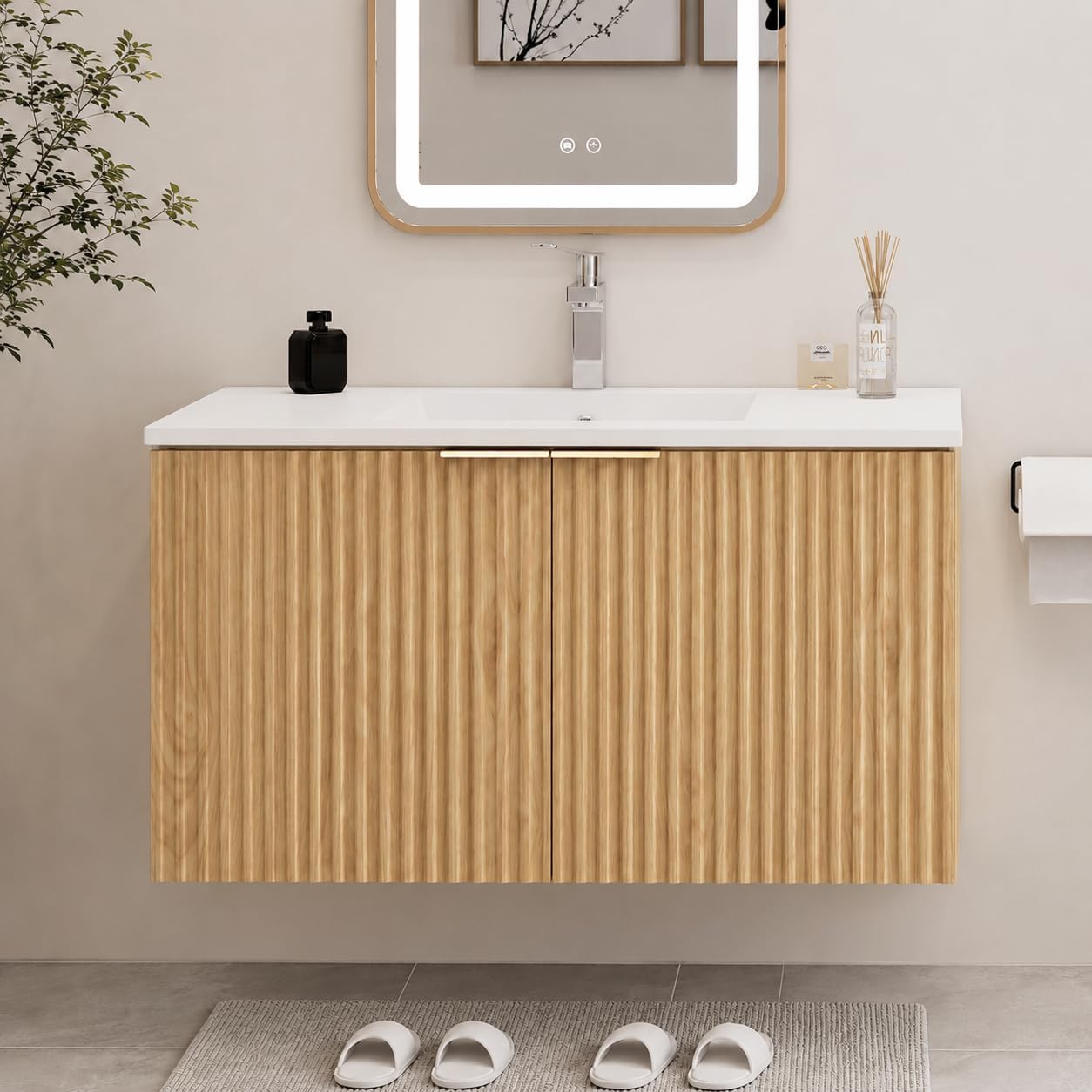 Home Bathroom Cabinets - Moderne zwevende badkamermeubel met golvende, gestructureerde