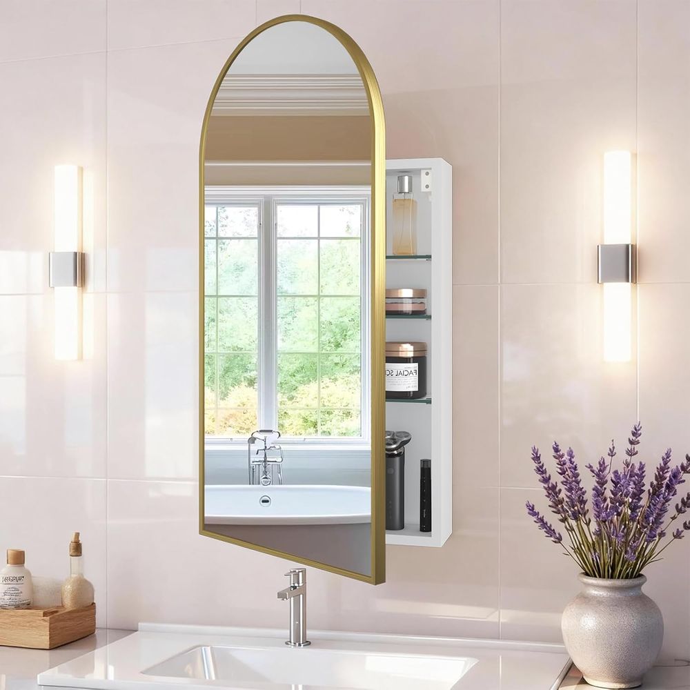 Home Bathroom Cabinets - Luxueus gebogen gouden badkamermedicijnkastje met spiegel,
